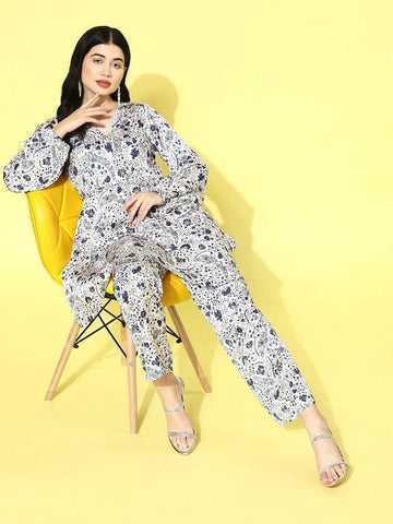 Varanga Women White Floral Printed Top Paired With Tonal Printed Bottom